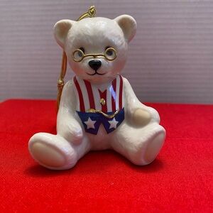 Lenox Teddy's 100th Anniversary Bear Ornament 2002 Porcelain Patriotic Flag vest